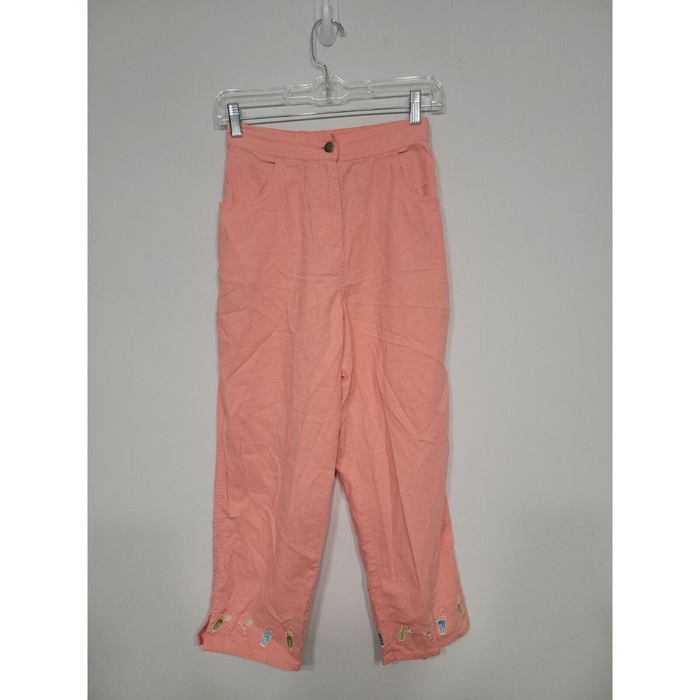 Quacker Factory Women's Pants Size‎ XS Pink Linen Embroidered Beach Drinks